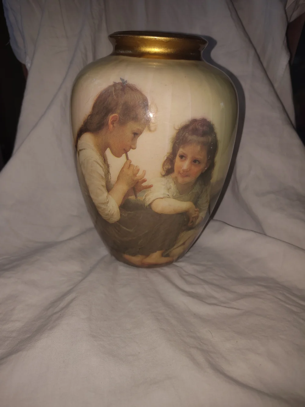 Decoupage Vase- 14kt Gold Trim, 18th Century Girls Flute Painting 8”